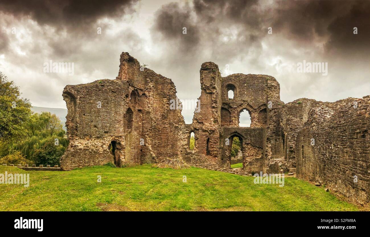 Ruined walls of Abergavenny castle, one of many historic monuments in Wales - Smartphone Captured Stock Image