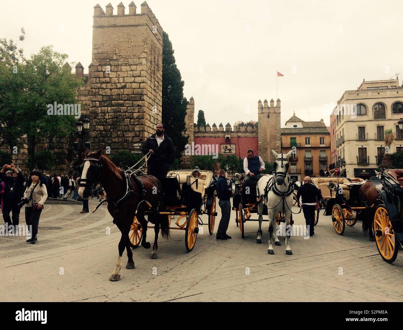 Horse and carriage tourist rides in Seville city centre in Spain - Smartphone Captured Stock Image