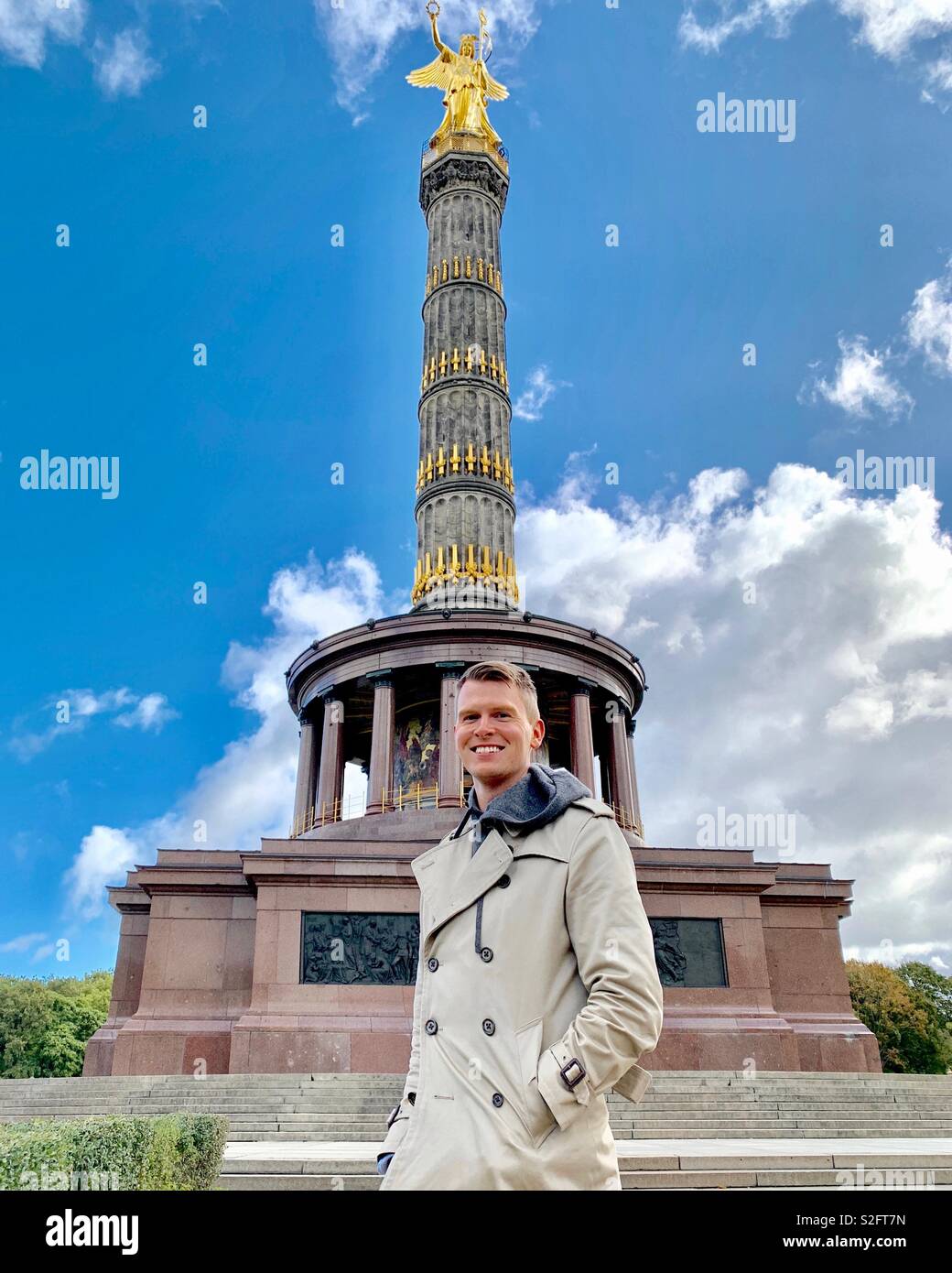 Man at German Victory Column, Berlin, Germany. Stock Photo