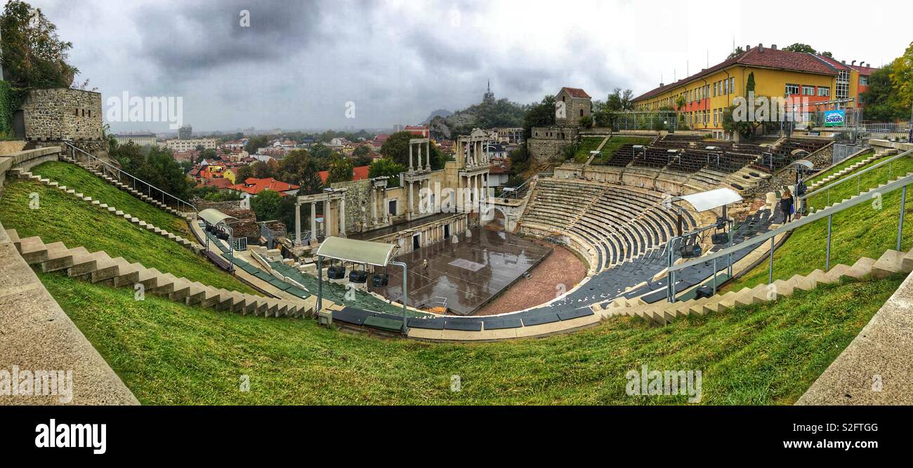 A panoramic view of a Roman amphitheater in Plovdiv, Bulgaria. - Smartphone Captured Stock Image
