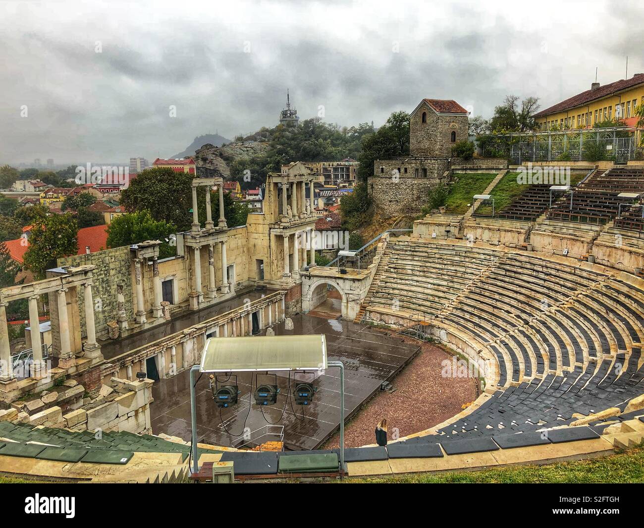 The ruins of a Roman amphitheater in Plovdiv, Bulgaria. - Smartphone Captured Stock Image