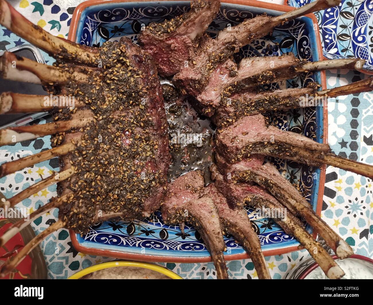 Lebanese rack of lamb spiced with traditional Za’atar spice. Stock Photo
