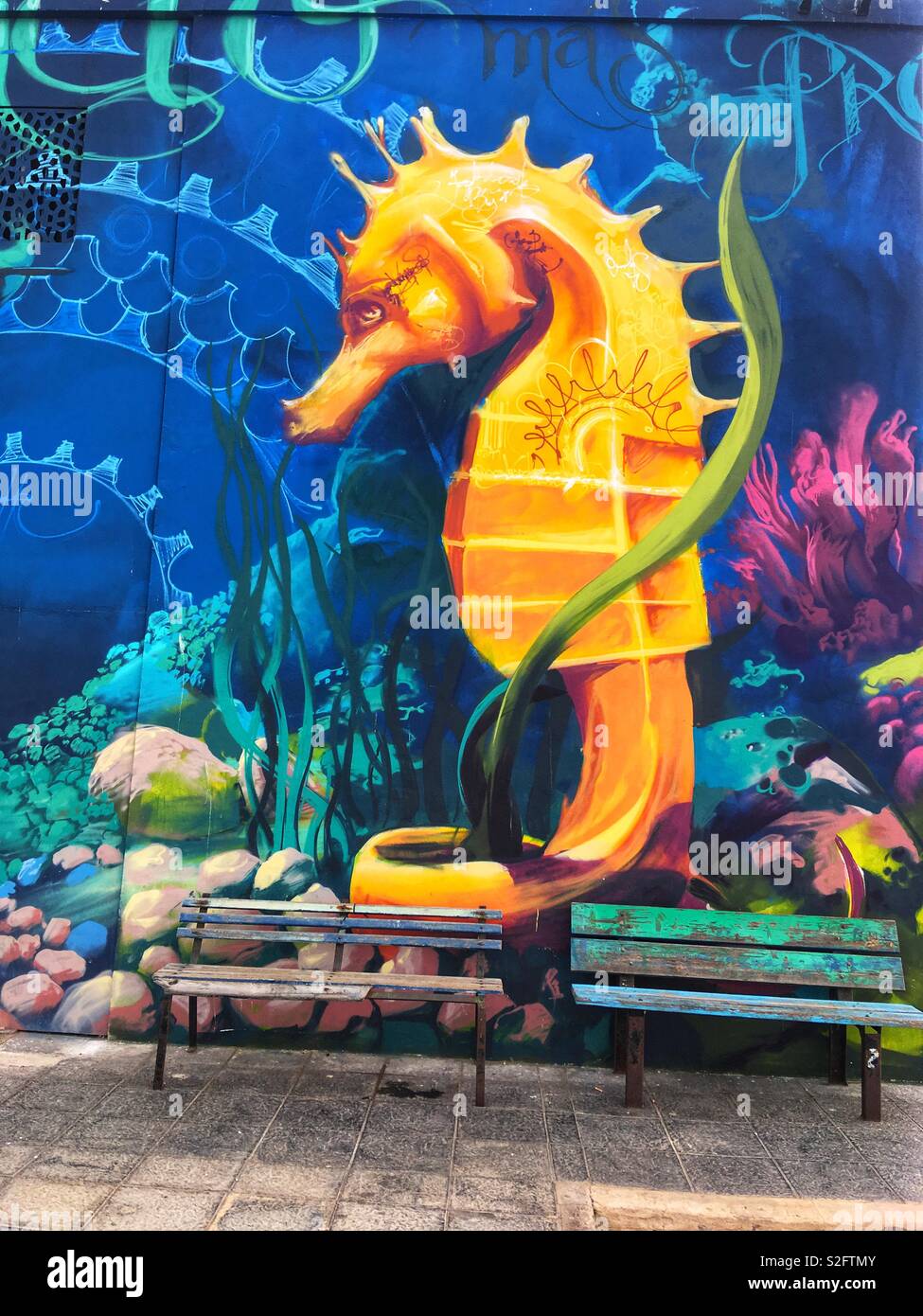 Seahorse painted in a mural with two painted benches if front Stock Photo