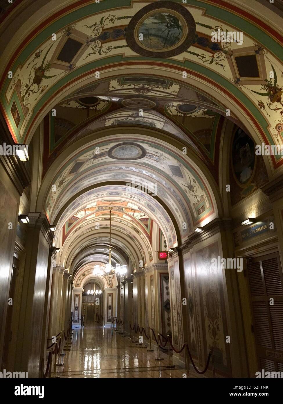 The Brumidi Corridors, of the United States Capitol. Frescoes ainted between 1856-with plants, fruits, animals, and symbols of American culture. Stock Photo