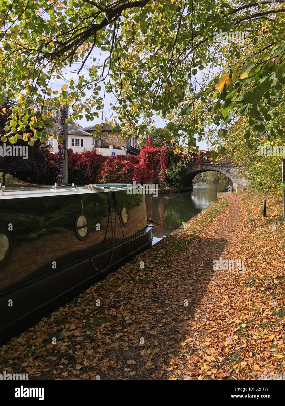 Canal path on Autumn day, with fall colours Stock Photo