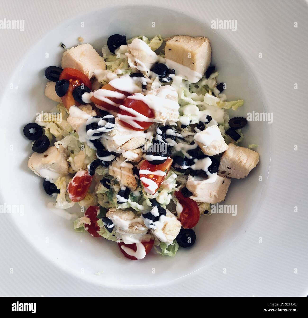 Chicken salad with mayonnaise, tomatoes, olives and lettuce - Smartphone Captured Stock Image
