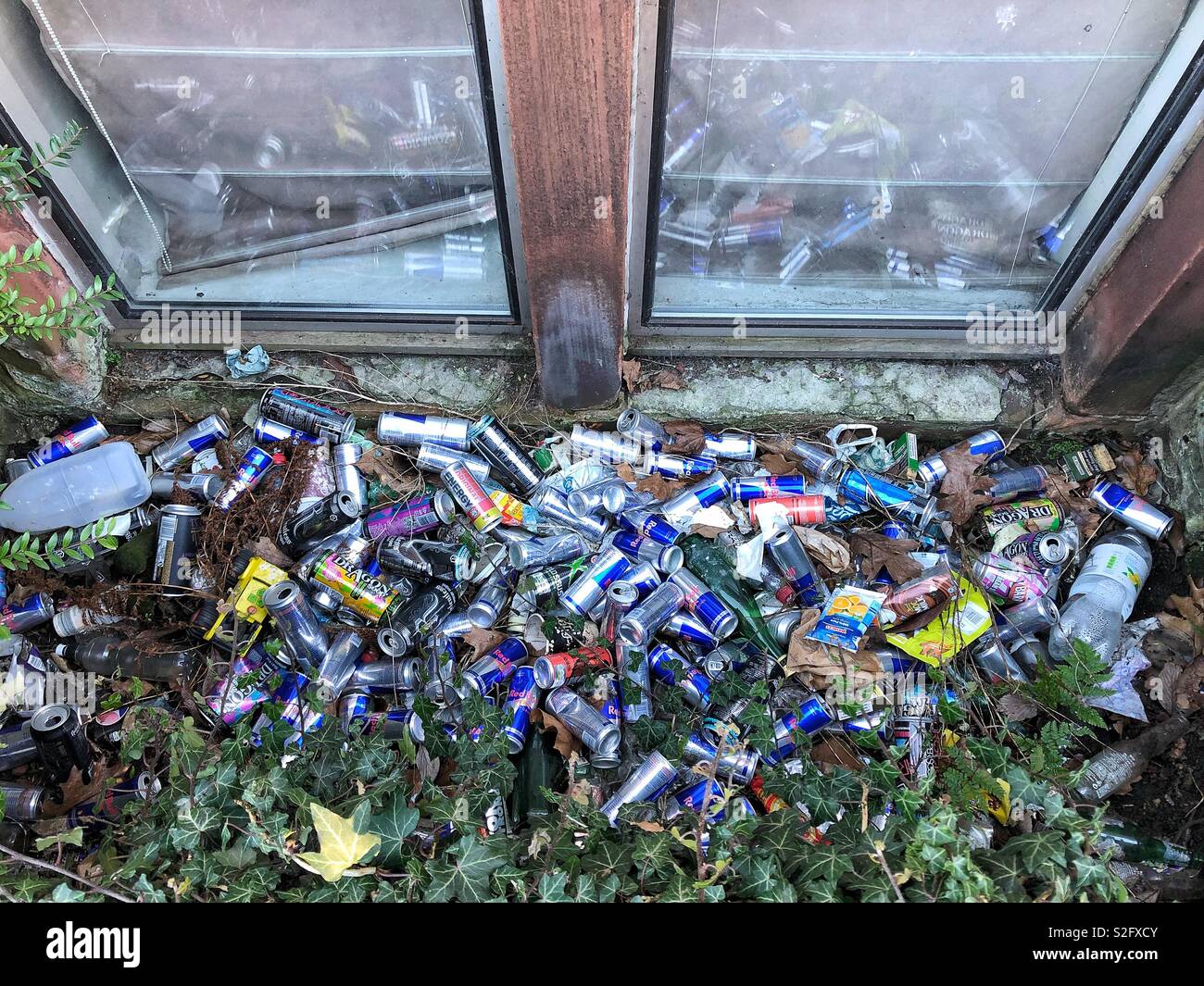 A huge pile of discarded drinks cans thrown down in front of a house in Dumfries town centre, Scotland, and just left behind as rubbish. Stock Photo