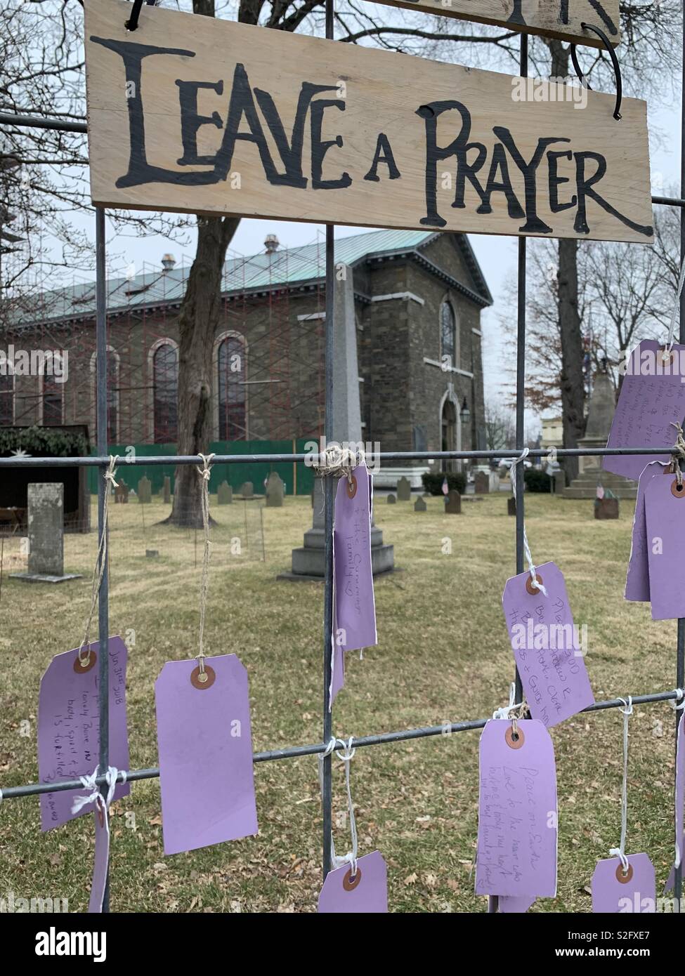 Leave a pray church and cemetery Stock Photo
