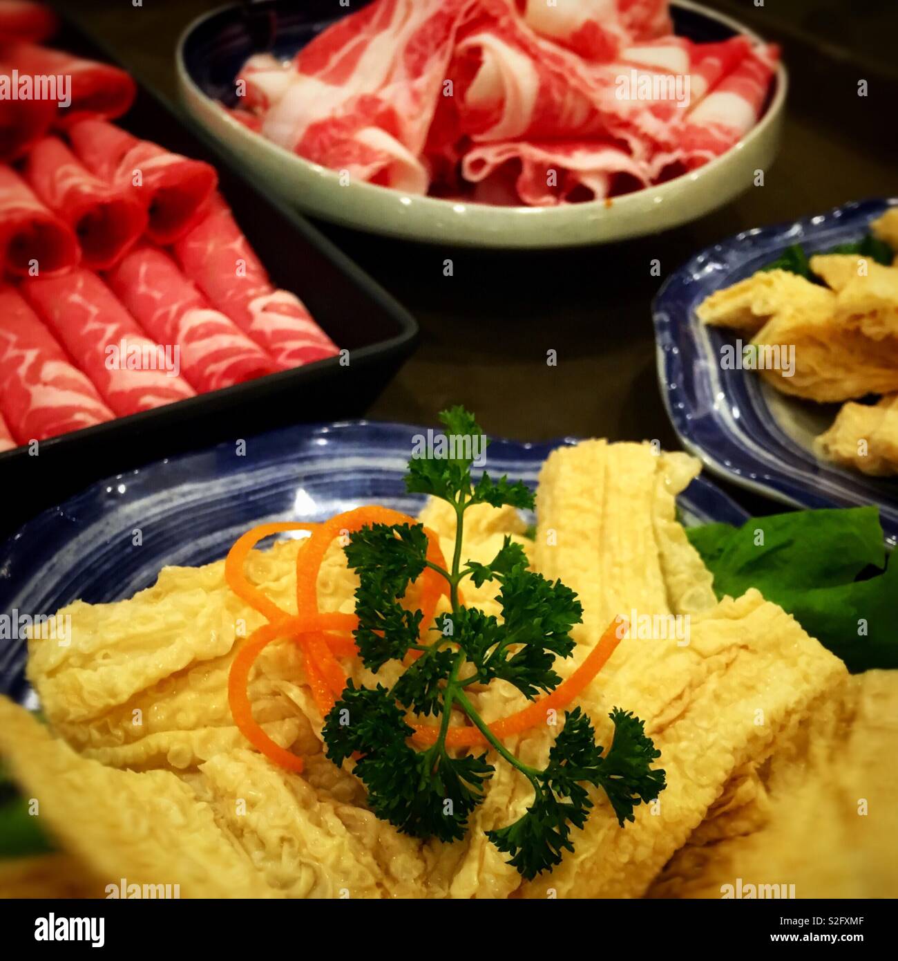 The bean curd sheet roll and the cut meats of beef and lamp for Chinese