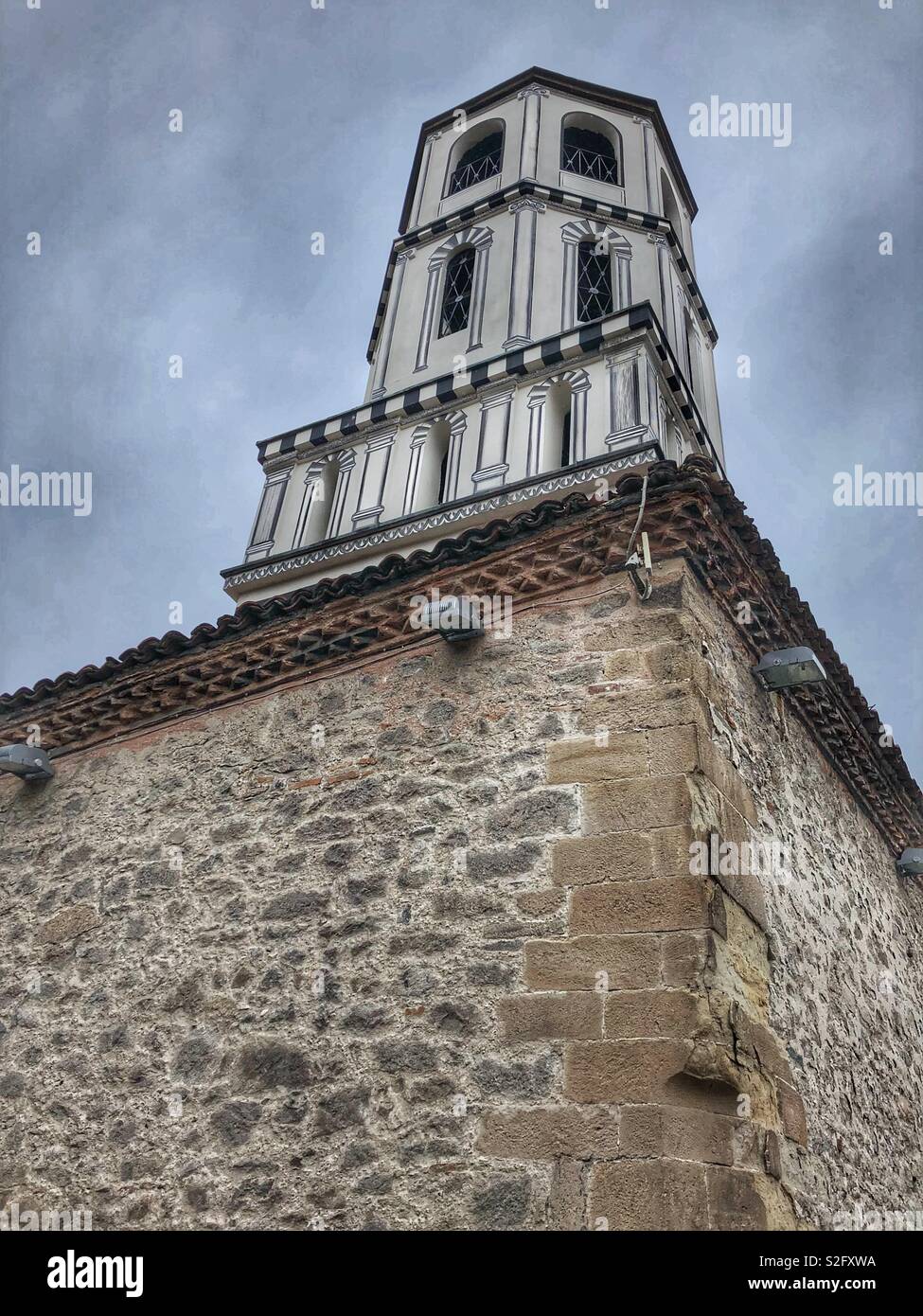 Low angle view of a medieval church in Plovdiv, Bulgaria. - Smartphone Captured Stock Image