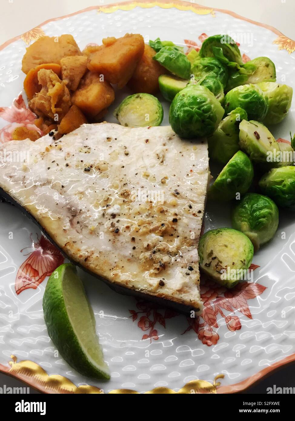 Gourmet entrée of broiled swordfish steak with brussels sprouts and sweet potatoes served on fine China - Smartphone Captured Stock Image