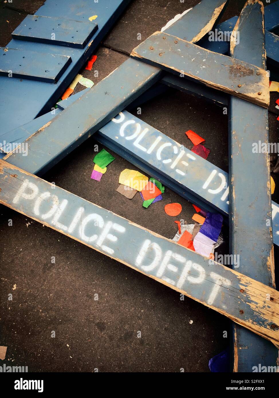 Confetti from New Year’s eve celebration in Times Square and police