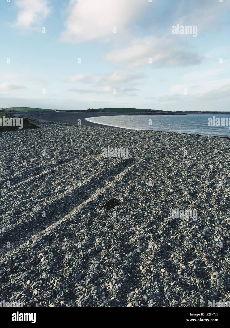 View of an empty Cemlyn Bay, Anglesey, North Wales - Smartphone Captured Stock Image