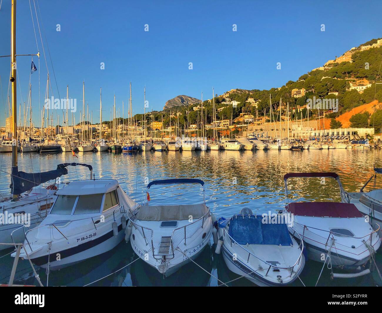 Early morning view to marina and port, Javea, Xabia, Costa Blanca , Spain Stock Photo