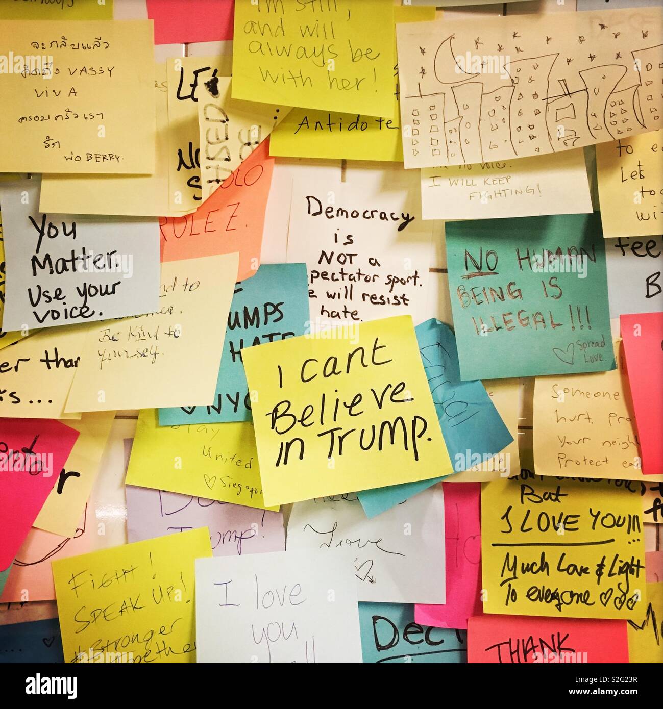 Subway Therapy post it notes with anti trump statements - Smartphone Captured Stock Image