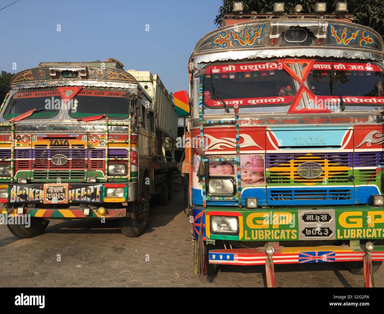 Colorful painted trucks, Nepal. Stock Photo