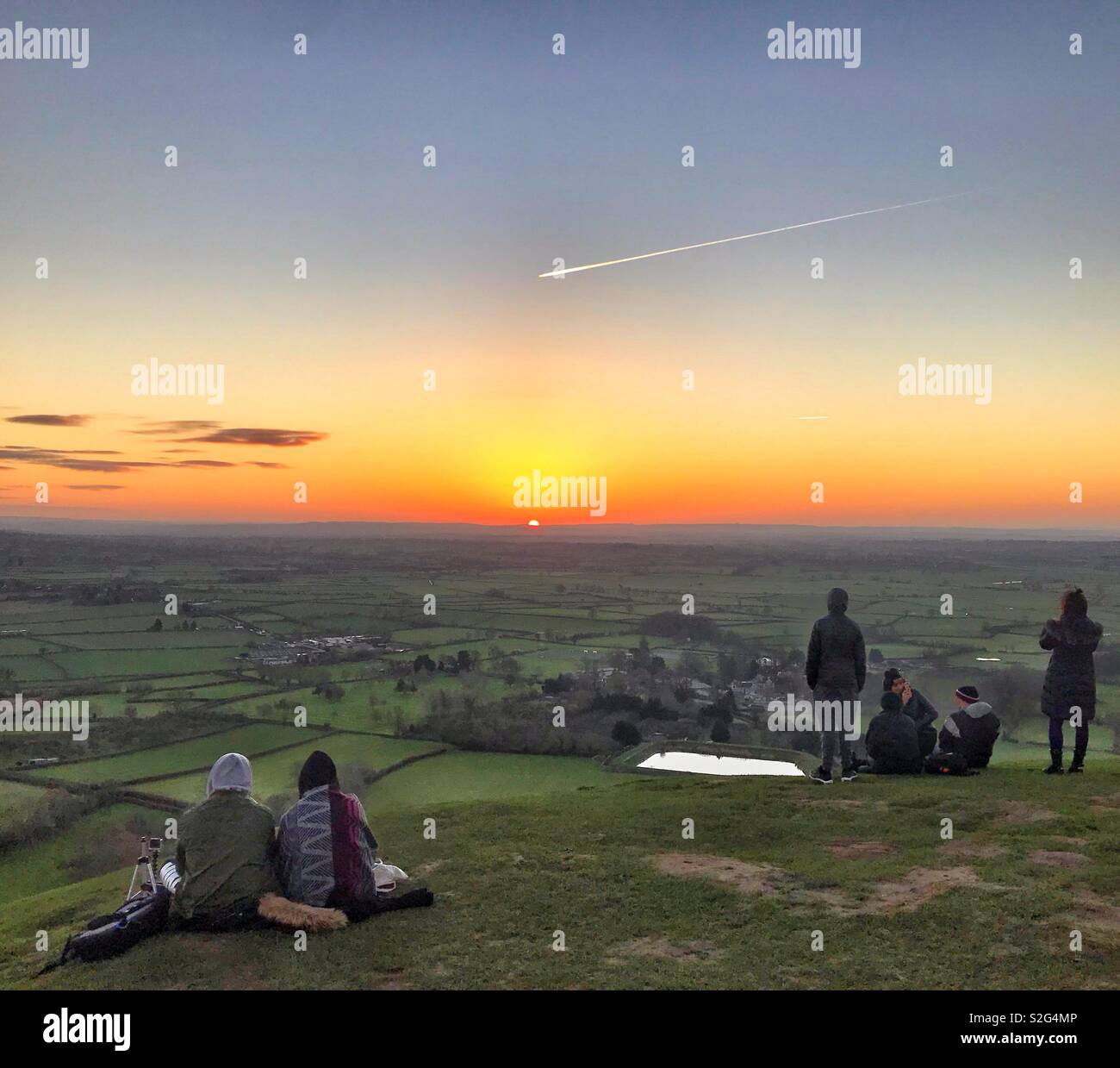 Daybreak on New Years Day 2019 at Glastonbury Tor, Somerset - Smartphone Captured Stock Image