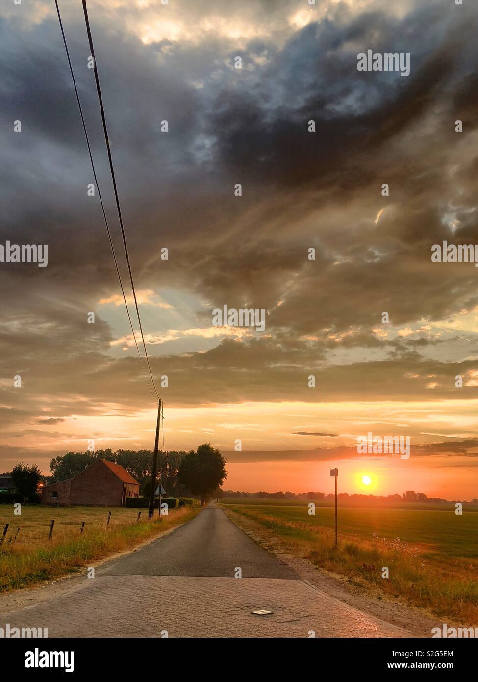 Countryside sunrise landscape with electricity lines running along a rural road passing by a farm - Smartphone Captured Stock Image