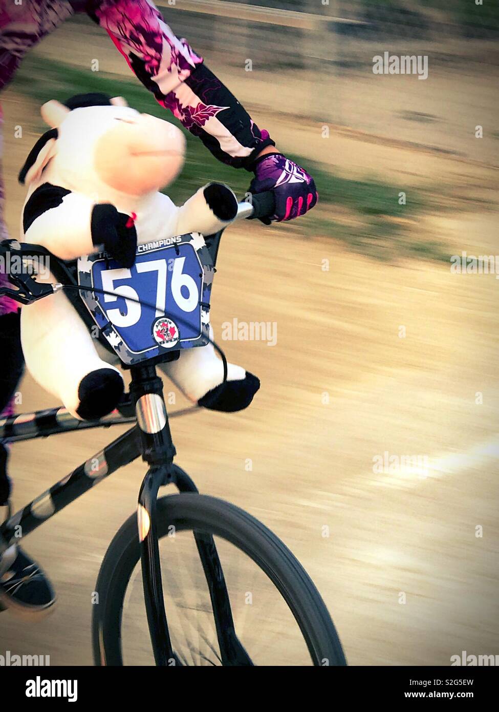 A child’s toy speeds along on the front of a bicycle. - Smartphone Captured Stock Image