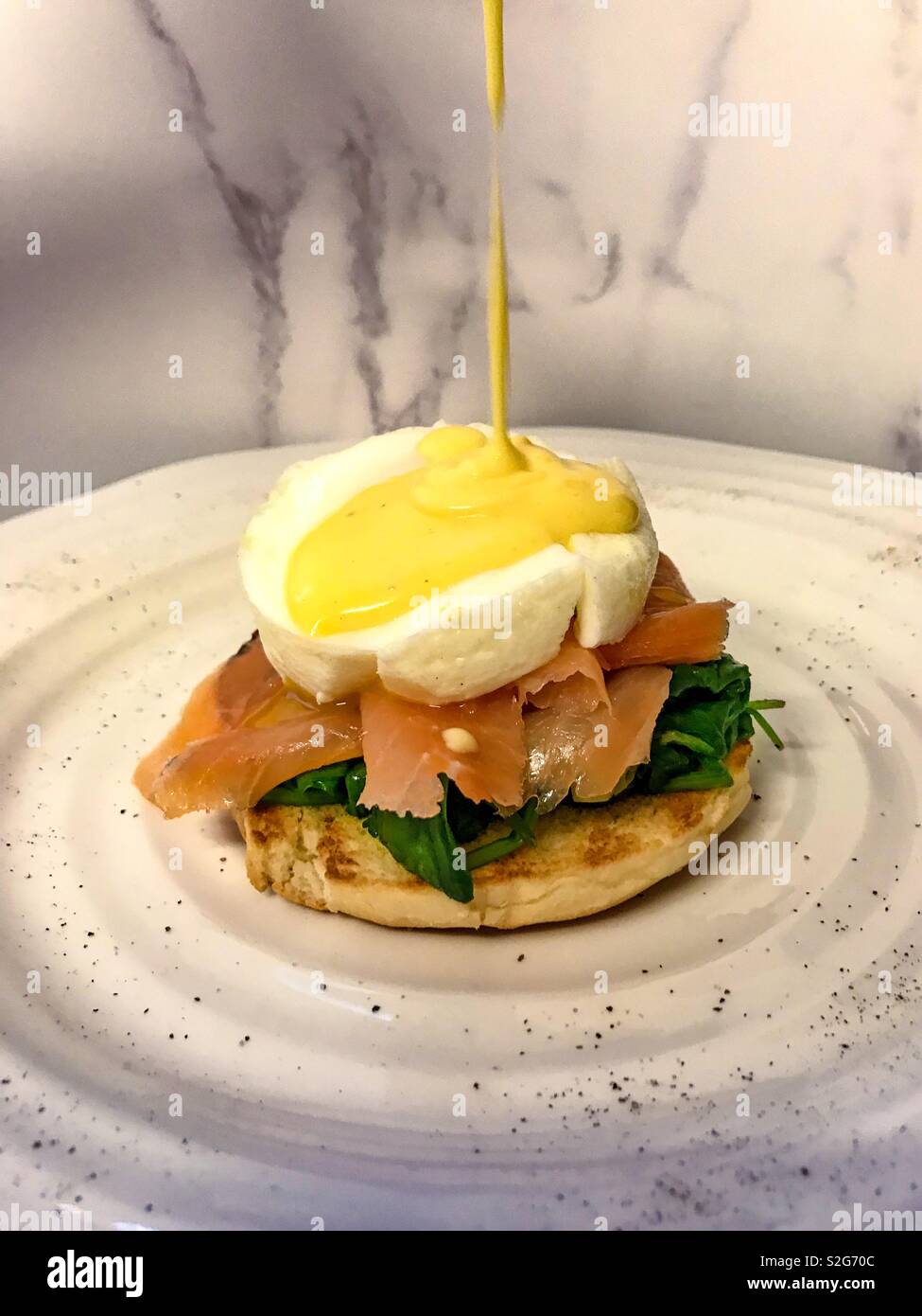 Eggs Royale. English Muffin, spinach, smoked salmon, poached egg and