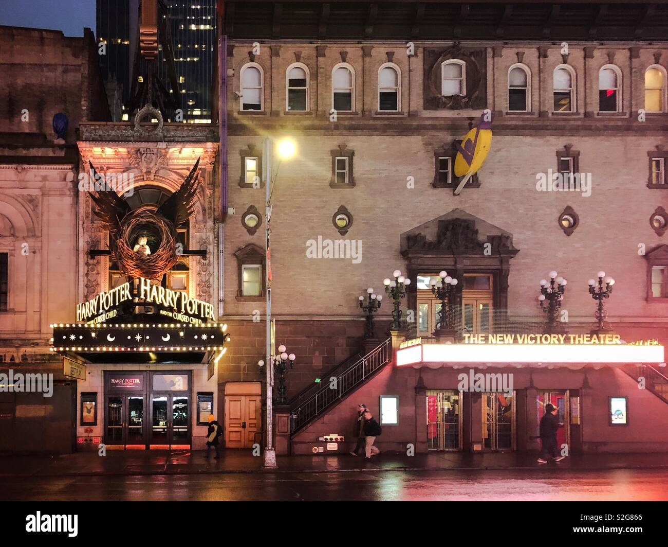 Broadway theaters are seen early in the morning in Times Square, New York Stock Photo
