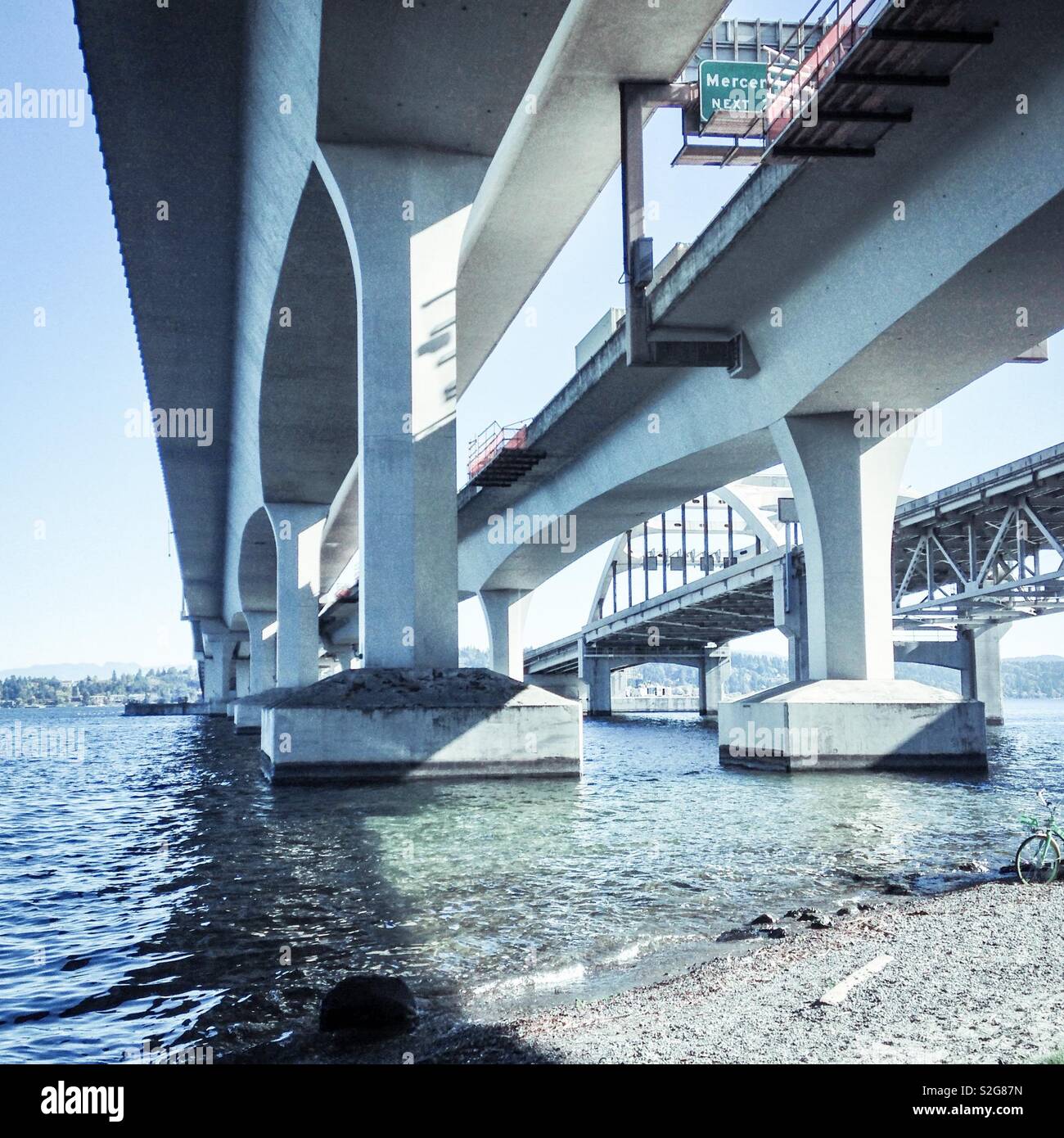 Pale photo of I-90 bridge to Mercer Island over Lake Washington, Seattle - Smartphone Captured Stock Image