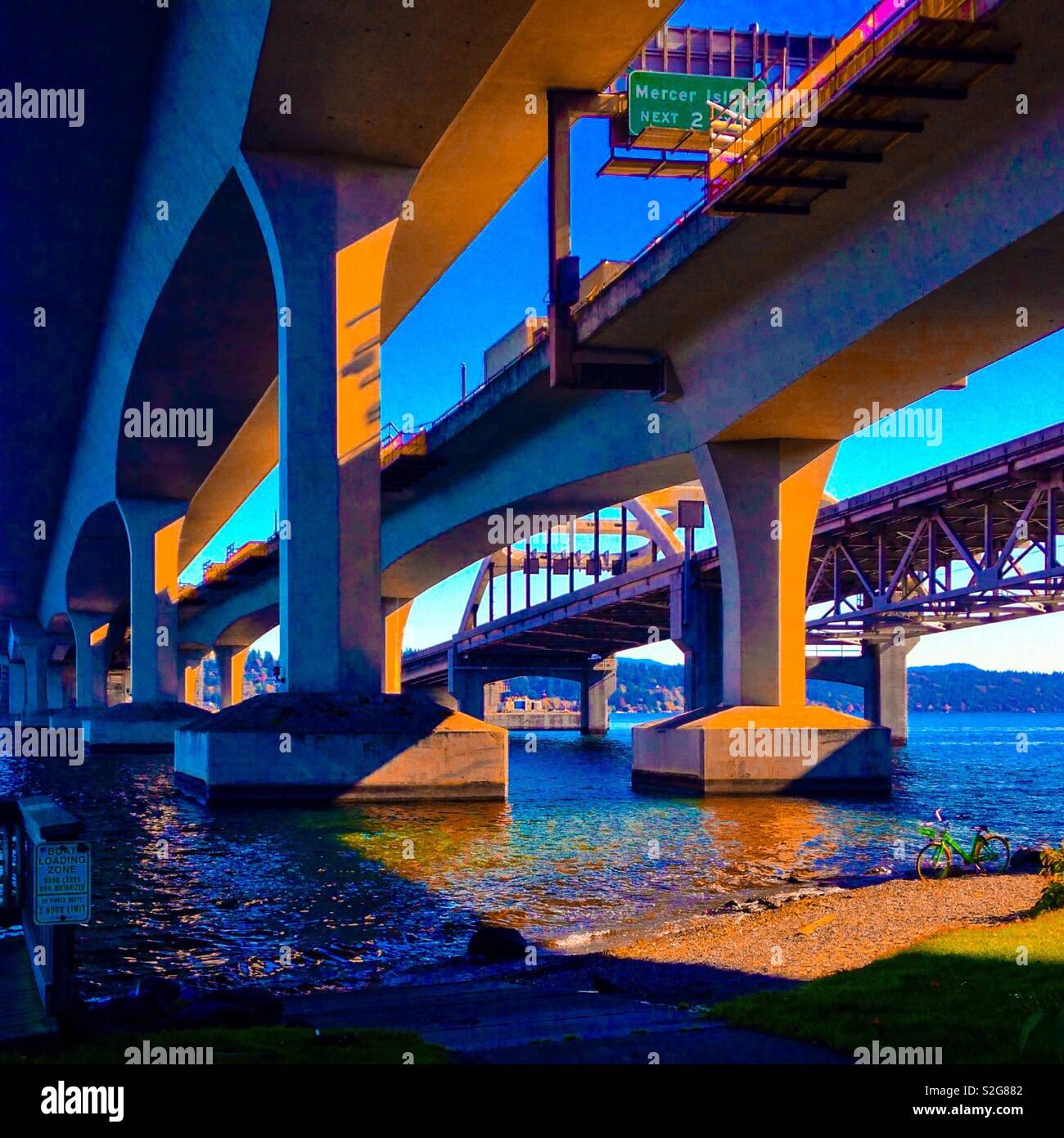 Colorful photo of Interstate 90 bridge crossing Lake Washington to Mercer Island, Seattle - Smartphone Captured Stock Image