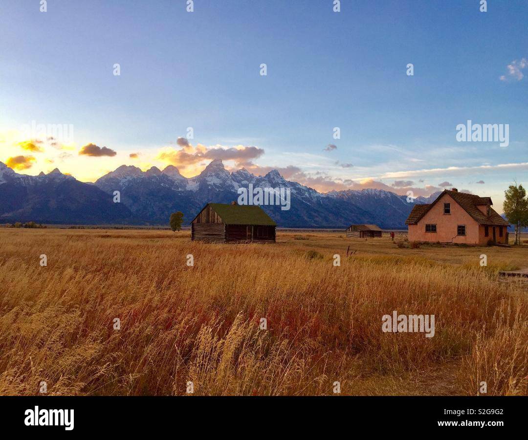 Ranch in Wyoming with grand Teton mountains in background - Smartphone Captured Stock Image
