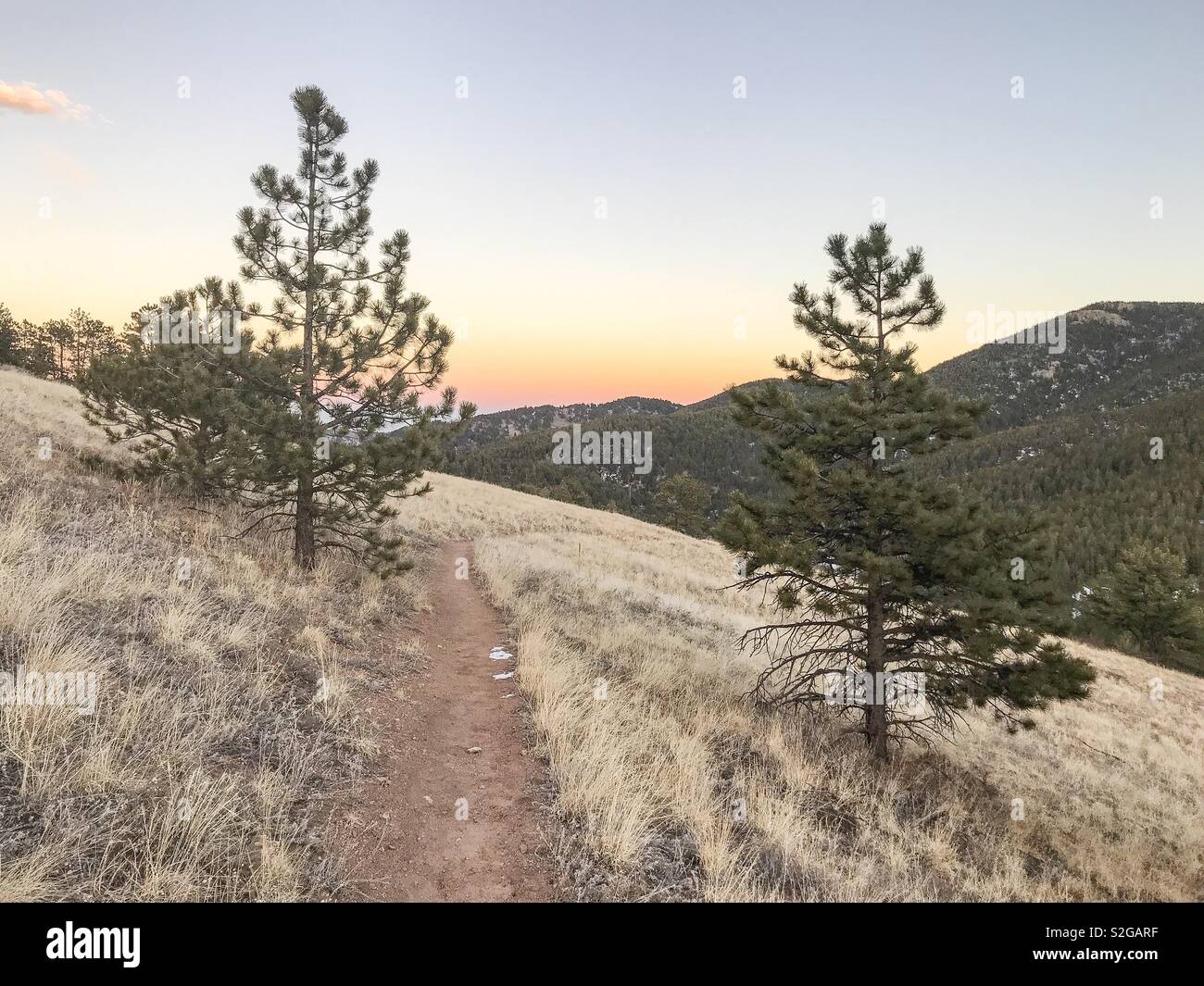 Mountain hiking trail at sunset, Colorado, USA. - Smartphone Captured Stock Image