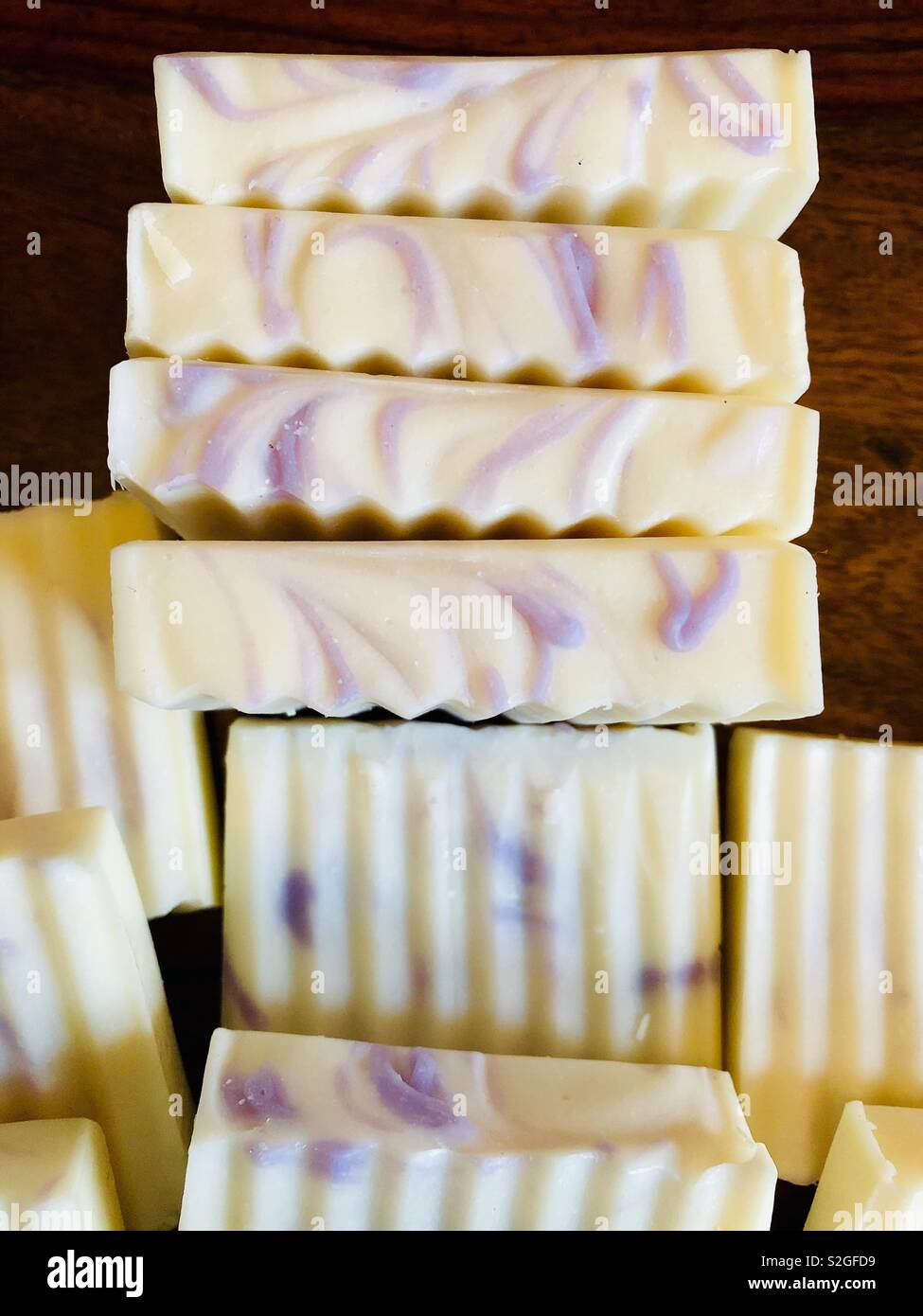 Handmade soap with lavender scent and purple swirls Stock Photo