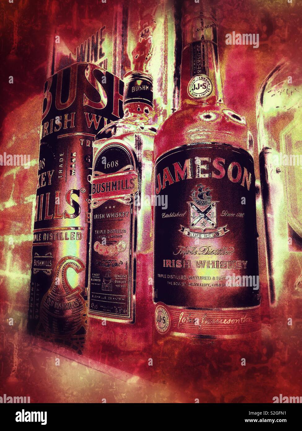 Irish whiskey on rustic bar shelf Stock Photo Alamy