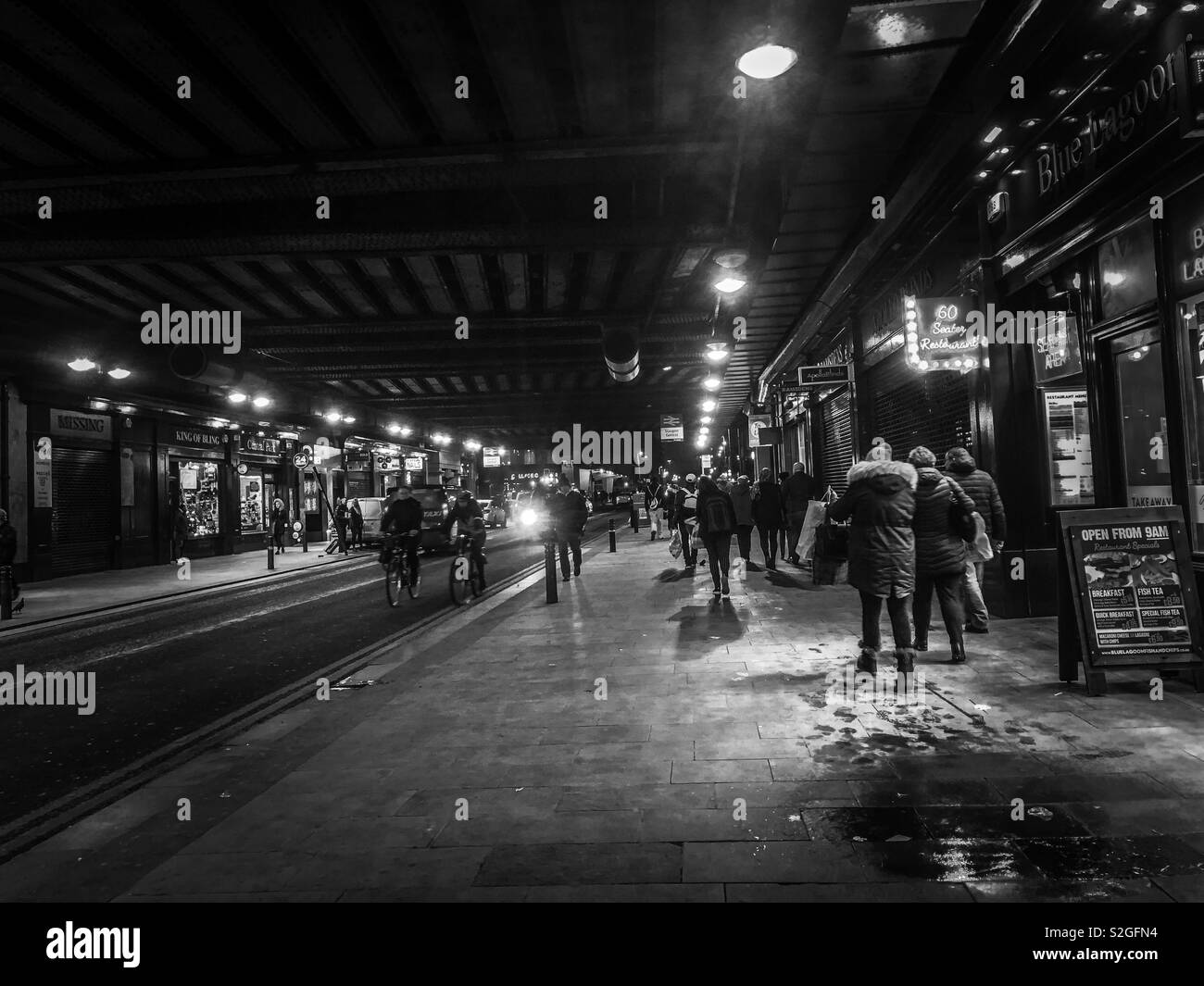 Night scene. Under Glasgow Central station railway bridge, locally known as the Hielanman’s Umbrella. Scotland. UK. - Smartphone Captured Stock Image