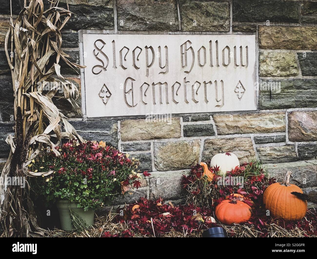 Sign at Sleepy Hollow Cemetary at sleepy hollow, usa October 2018 - Smartphone Captured Stock Image