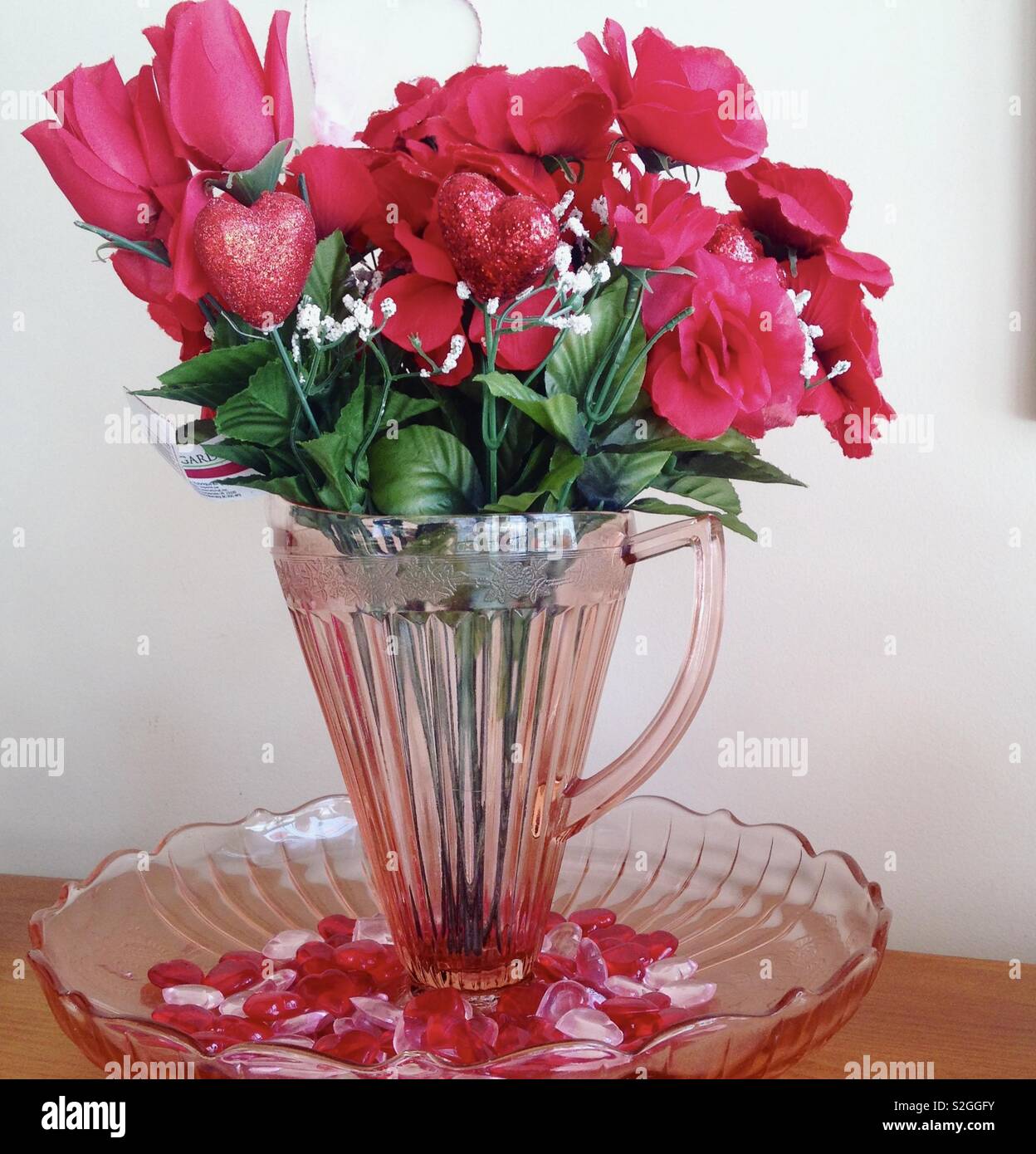 Vase Of Pink Flowers Valentine S Day Decorations Stock Photo