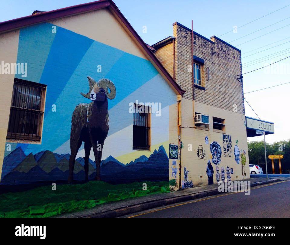 Brisbane City Cafe with mural of a goat and other street art Stock