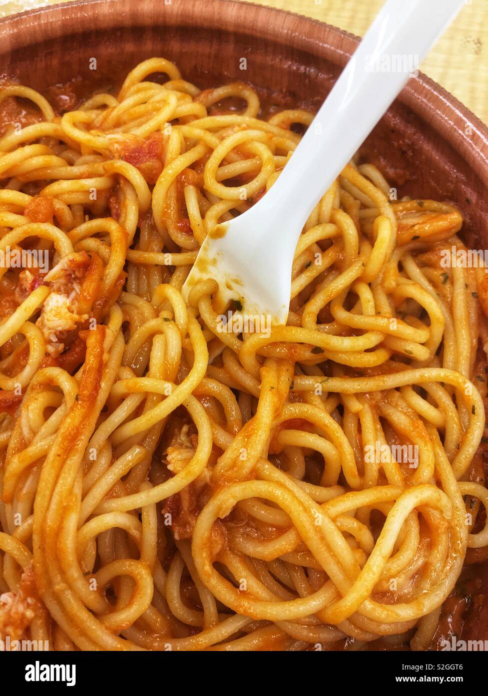 Pasta with plastic fork Stock Photo Alamy