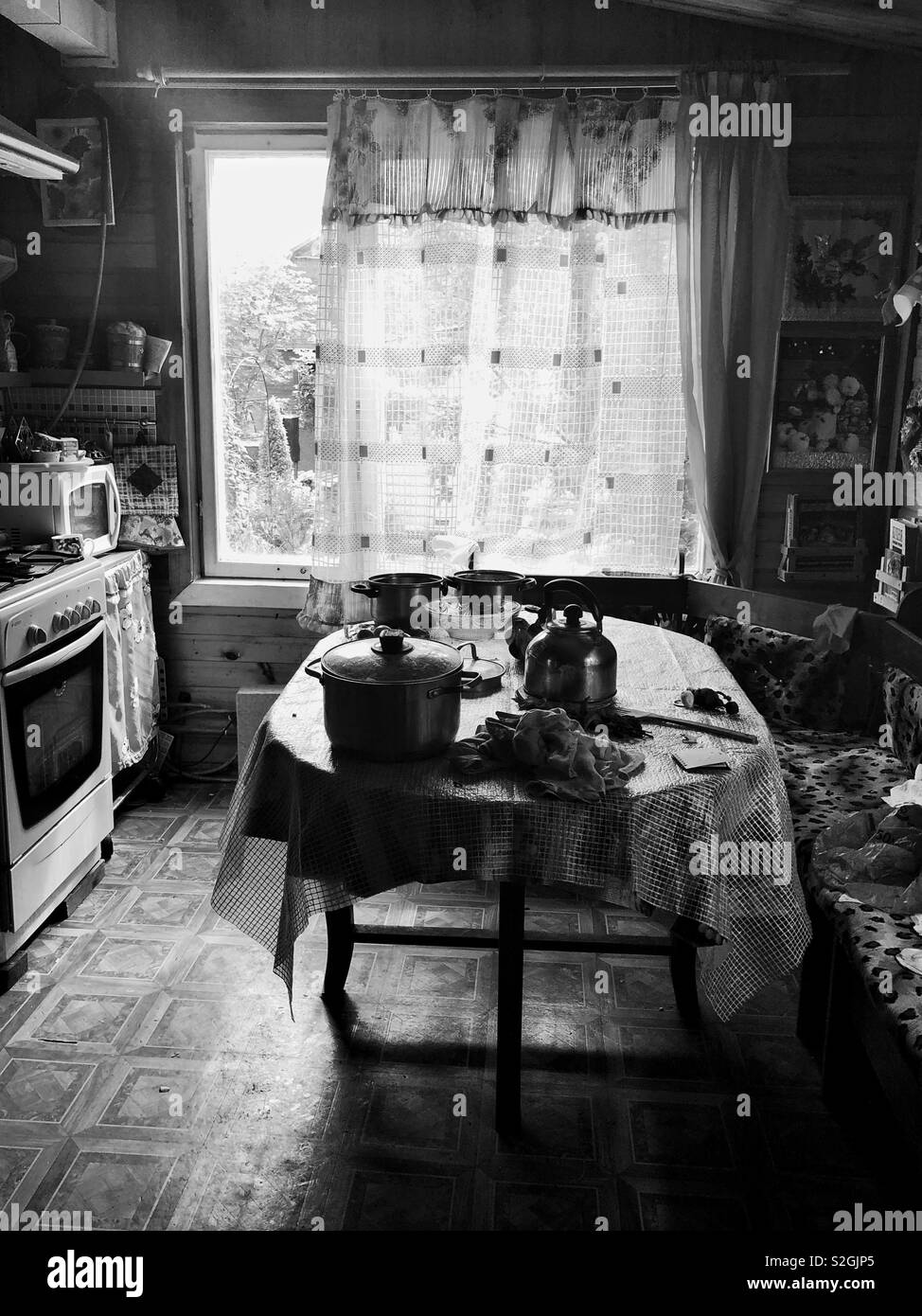 Kitchen in Russian dacha summer house Stock Photo