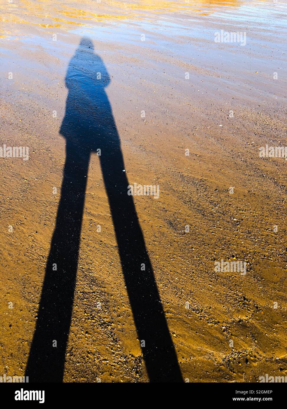 Long, human shadow on a sandy beach in winter - Smartphone Captured Stock Image