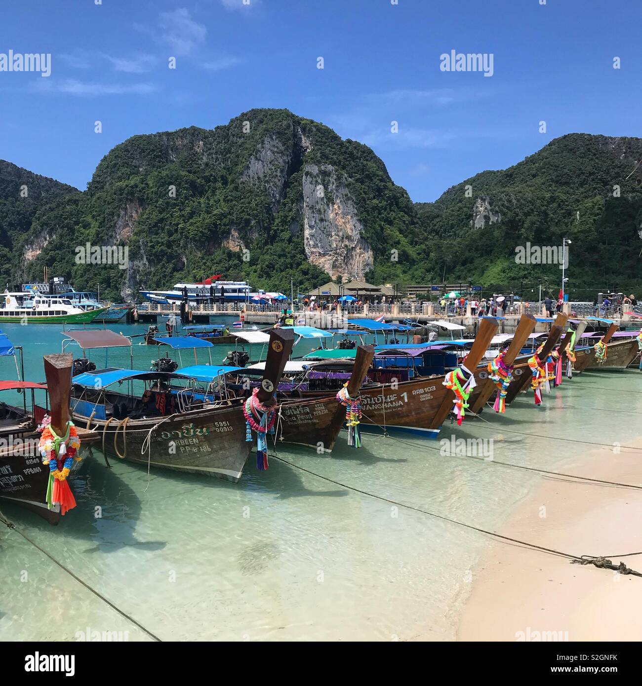 Docked Long-tail boats in Koh Phi Phi Leh Thailand Stock Photo