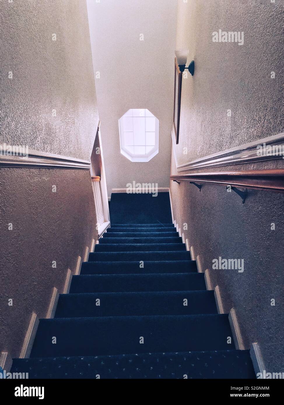 Classic staircase with blue carpet and multilane window Stock Photo