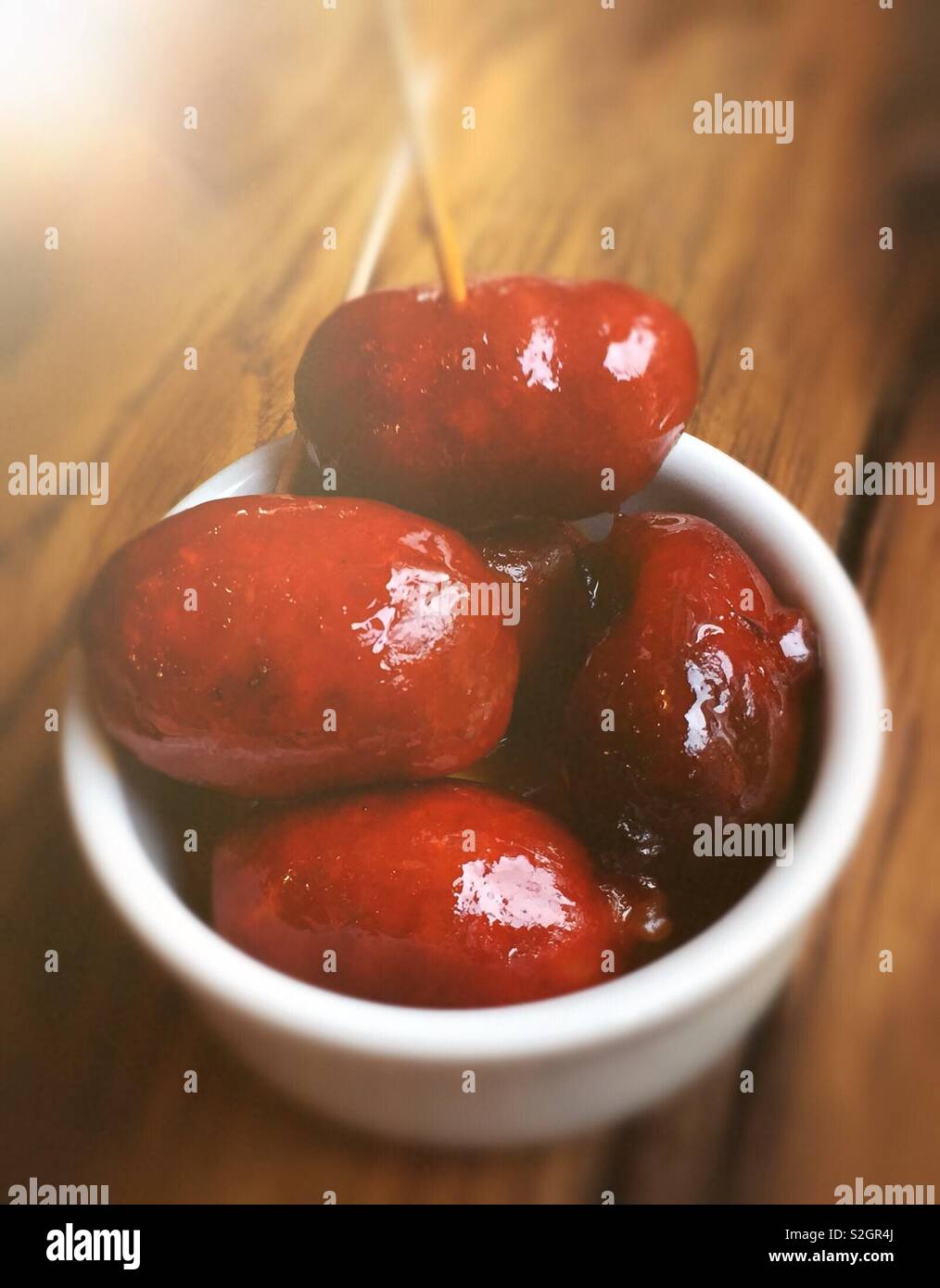 Mini chorizo sausages- perfect tapas mini bar snack - Smartphone Captured Stock Image