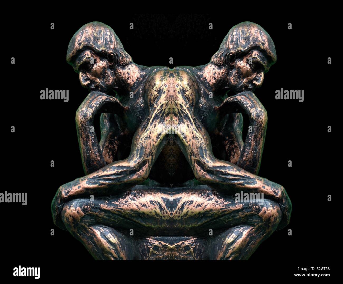 An abstract digital manipulation of Auguste Rodin’s “The Thinker” on a black background - Smartphone Captured Stock Image