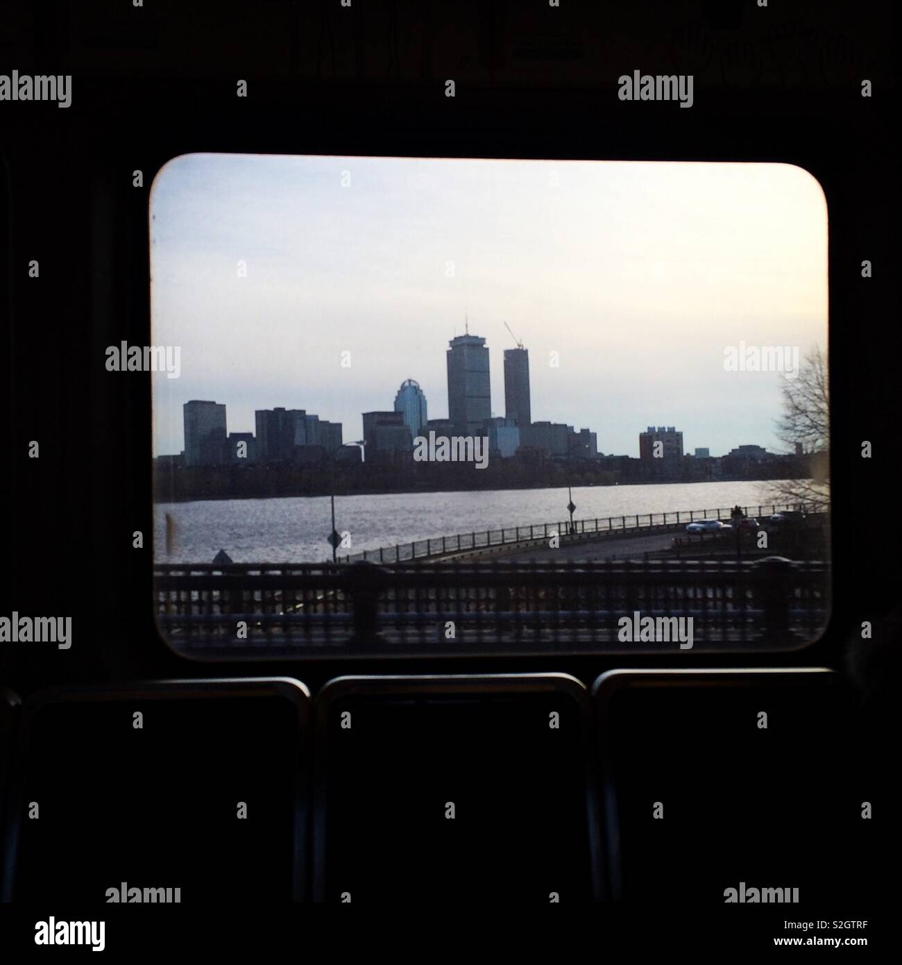 Skyline seen through subway car windows, Boston, Massachusetts, United States - Smartphone Captured Stock Image