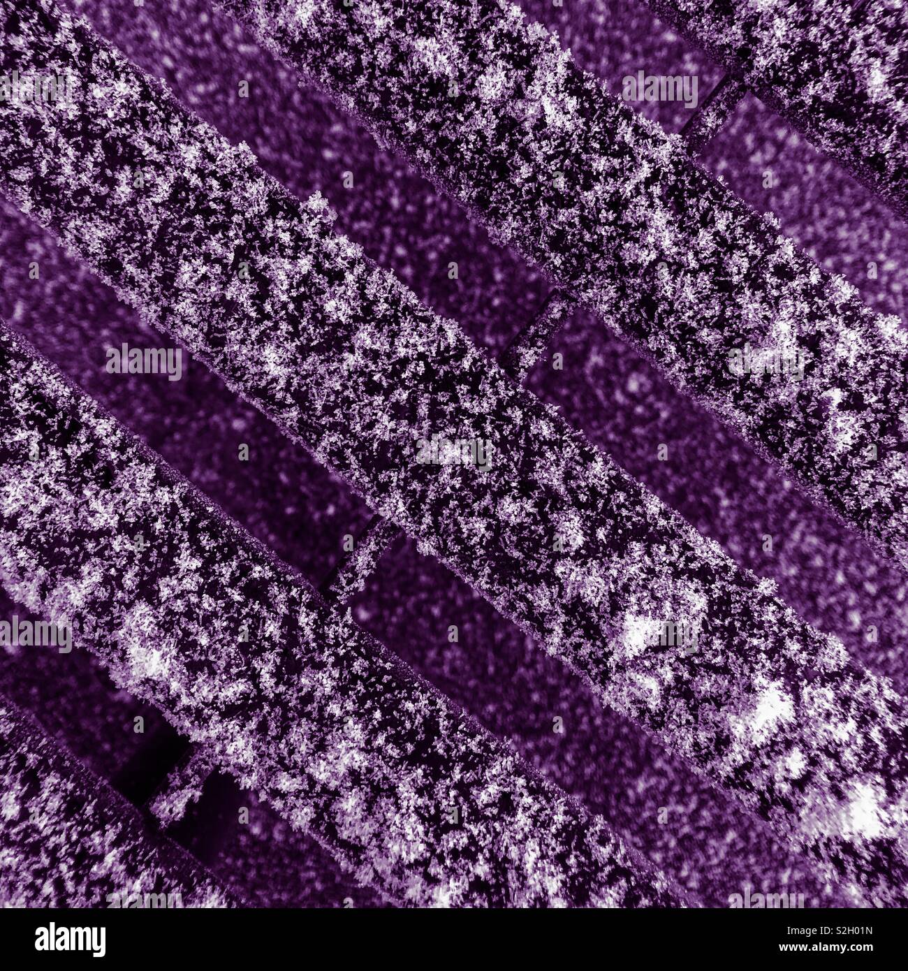 Snow coated bench slats. Scotland. UK. - Smartphone Captured Stock Image