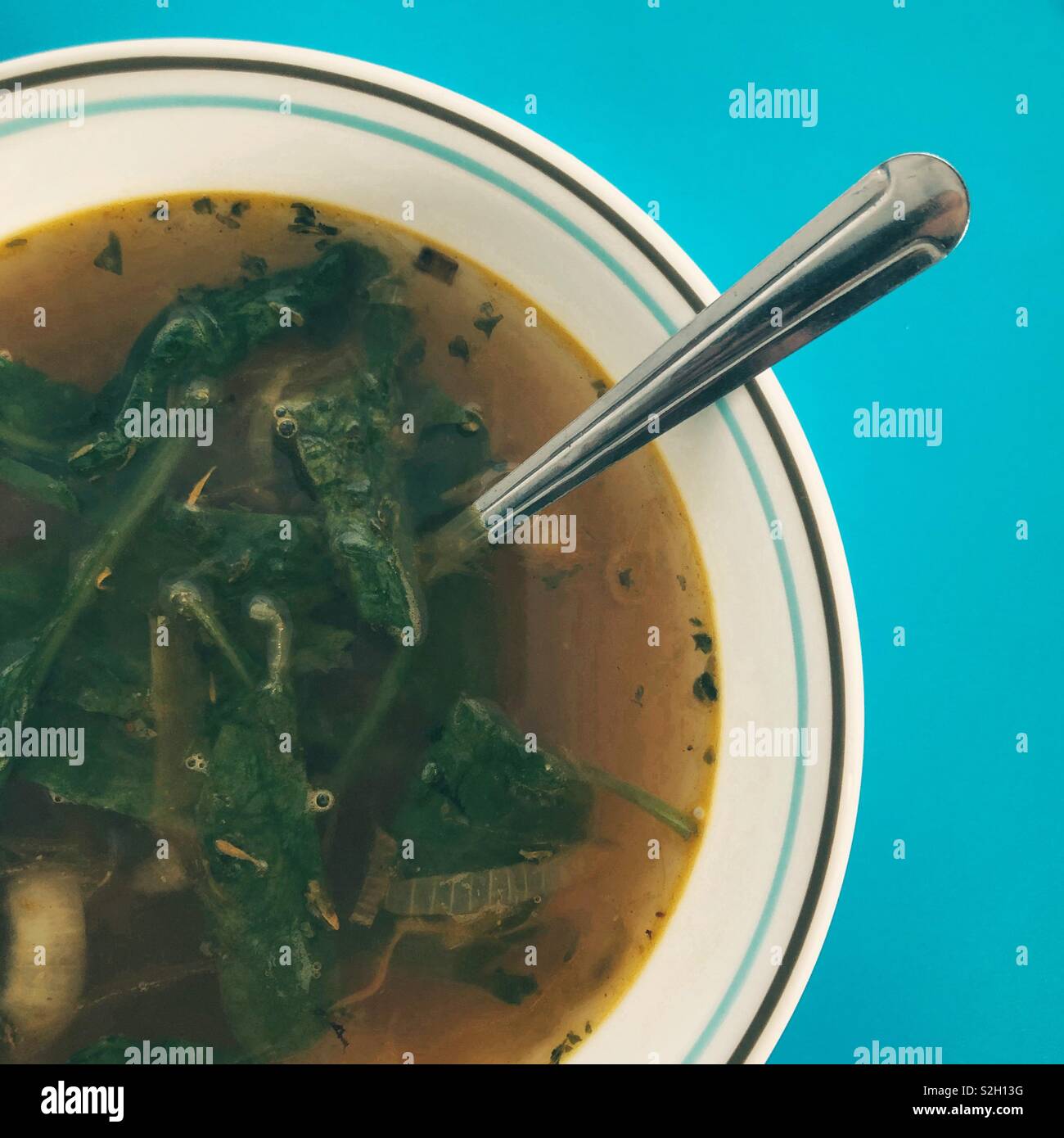 Homemade vegan soup made with spinach, onion and carrot - Smartphone Captured Stock Image