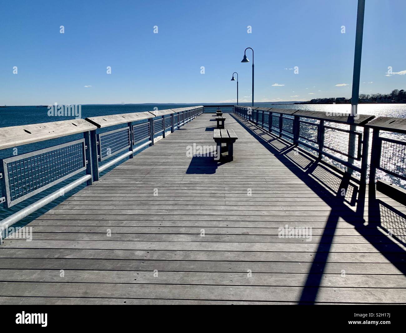 Pier overlooking Long Island Sound Stock Photo