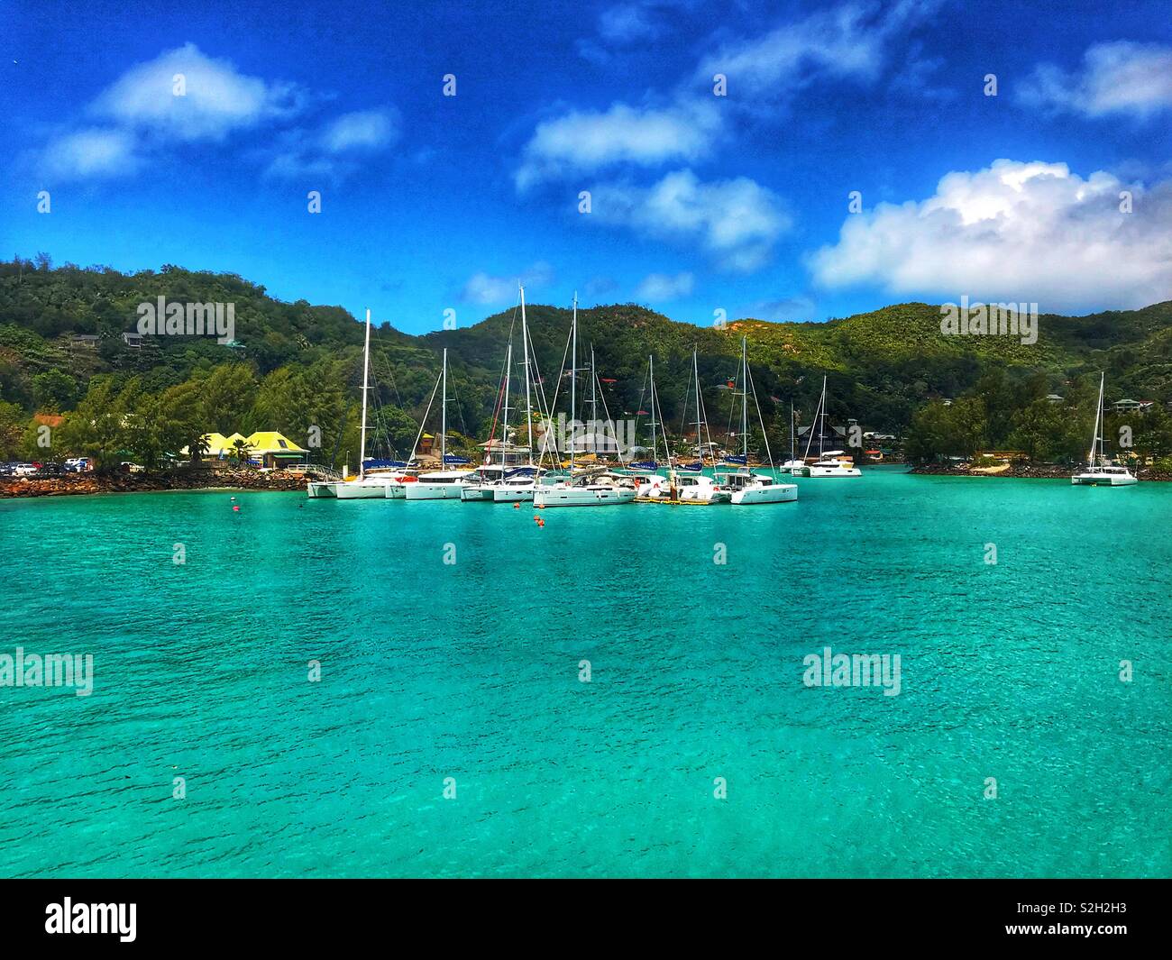Baie Sainte Anne harbour on Praslin Island, Seychelles Stock Photo Alamy