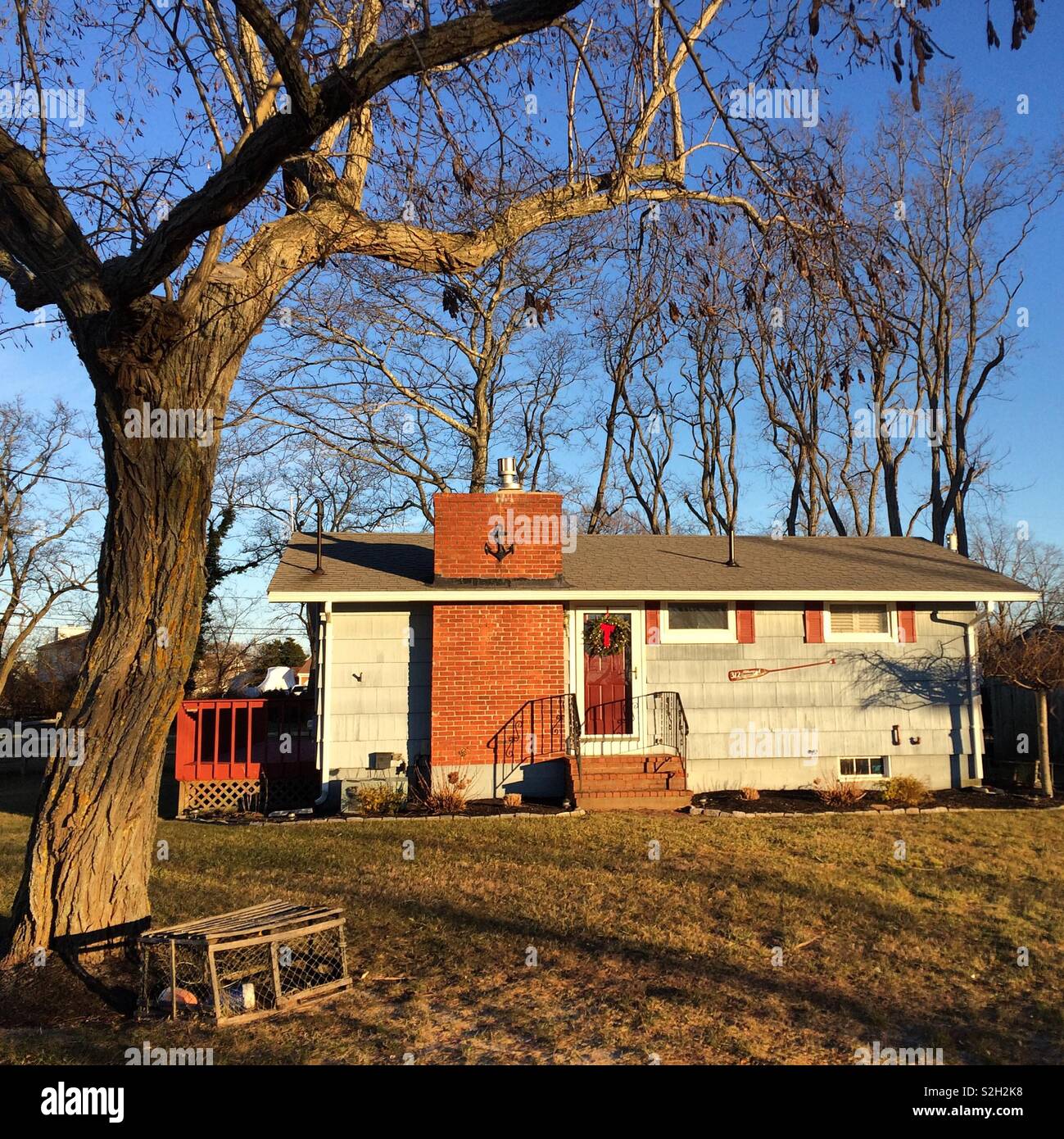 Winter view of a home in Barnstable, Cape Cod, Massachusetts, United States - Smartphone Captured Stock Image