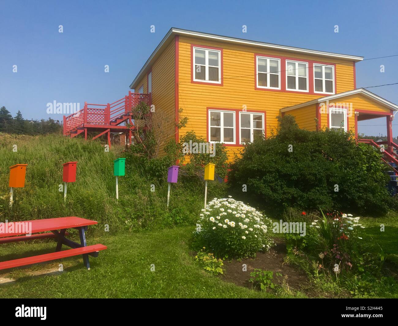 Bright yellow house with pretty flowering garden in Rocky Point Newfoundland Canada - Smartphone Captured Stock Image