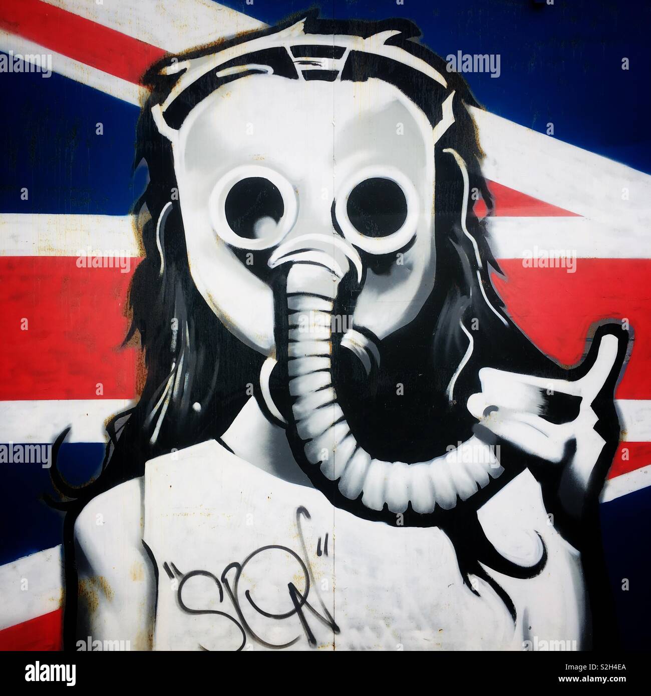Girl with gas mask with Union Jack in background - Smartphone Captured Stock Image